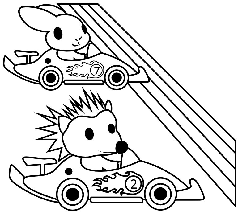 Ausmalbild Igel und Hase Rennen Autos