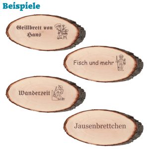 Holzbrett mit Rinde und Gravur