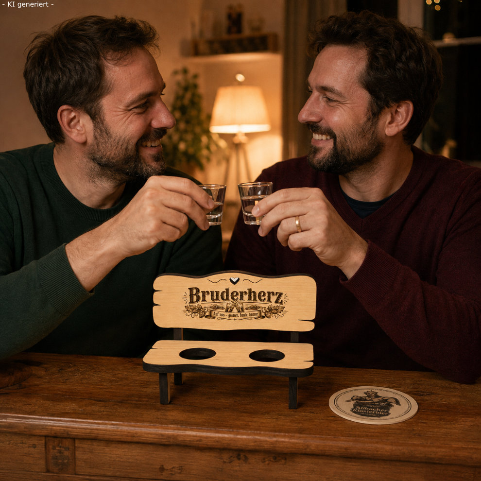 Brüder stoßen mit Schnapsbank Geschenk an