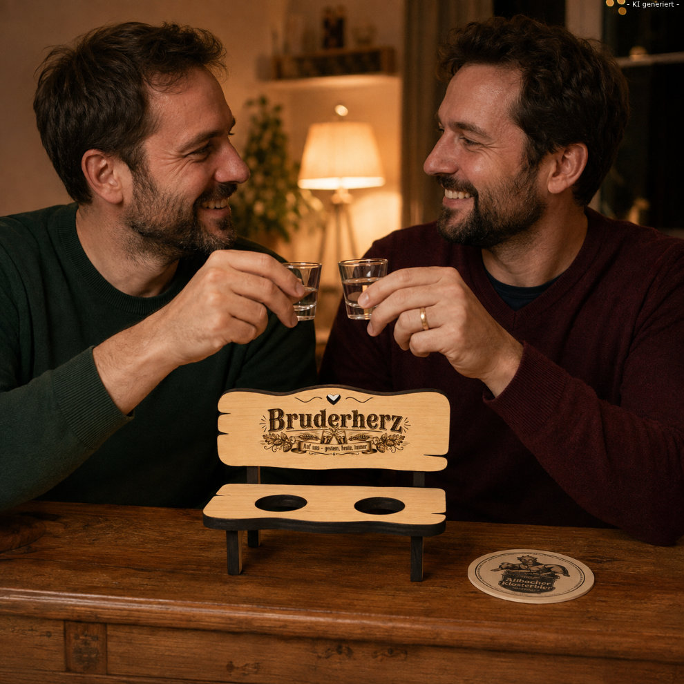 Brüder stoßen mit Schnapsbank Geschenk an Bruder Geschenk