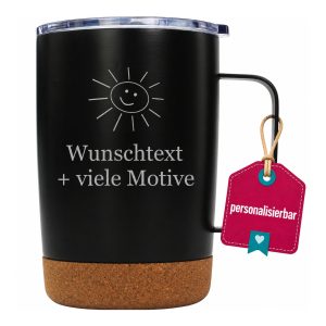 Edelstahl Tasse mit Gravur und Motiv, 300 ml, Schwarz, Korkboden