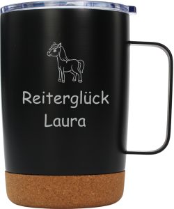 Edelstahl Tasse mit Pferd Motiv und Wunschname Edelstahl Tasse mit Pferd Motiv