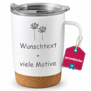 Edelstahlbecher mit Gravur, 300 ml, Weiß mit Korkboden + Schiebedeckel