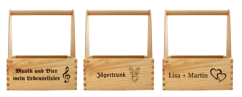 Bierträger aus Holz mit Spruch und Motiv