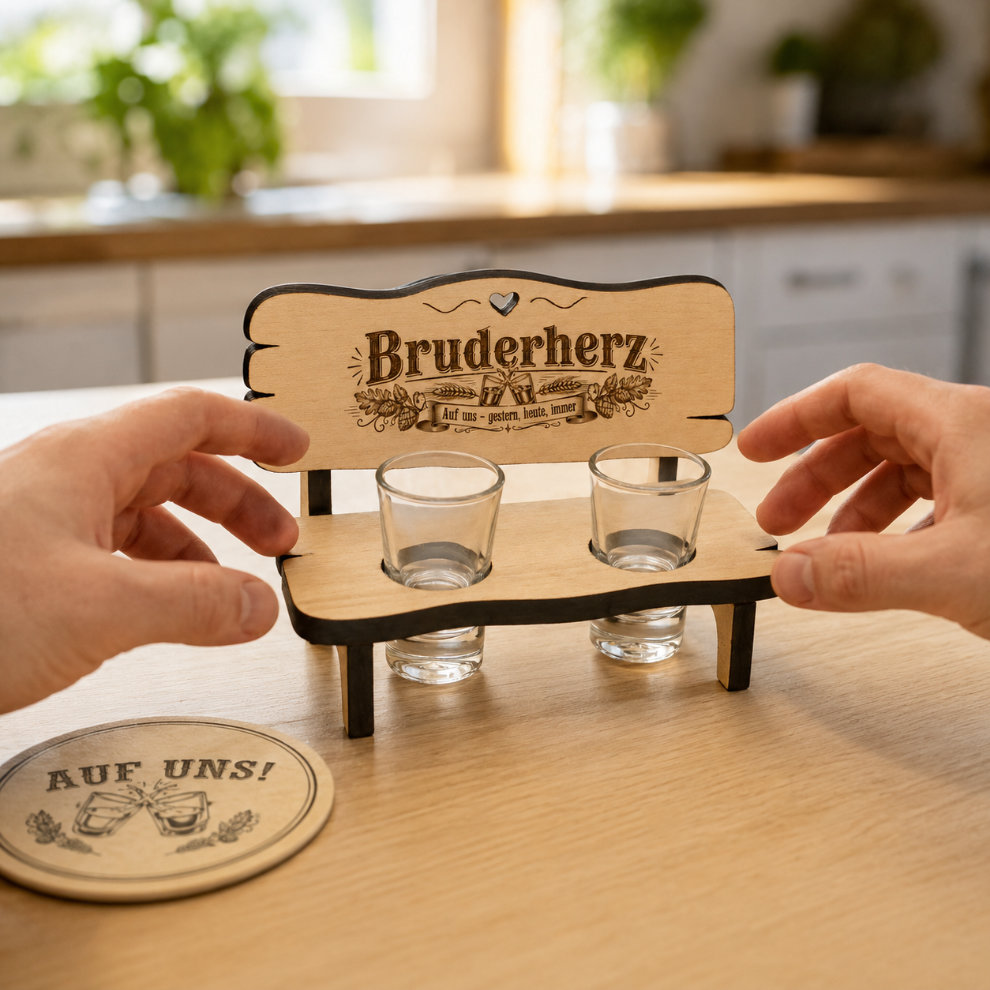 Schnapsbank Geschenk für Bruder von Schwester auf Küchentisch Geschenk fuer Bruder von Schwester