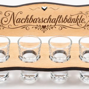 Nachbarschaftsbänkle aus Holz, 24 cm - Geschenk für Nachbarn, Schnapsbank mit 4 Gläsern
