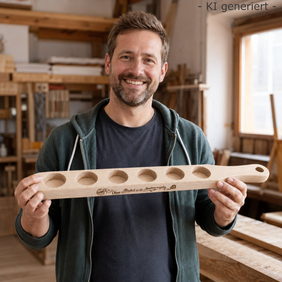 Polier hält das Schnaps Präsent für den Bauherr Geschenk fuer den Bauherr