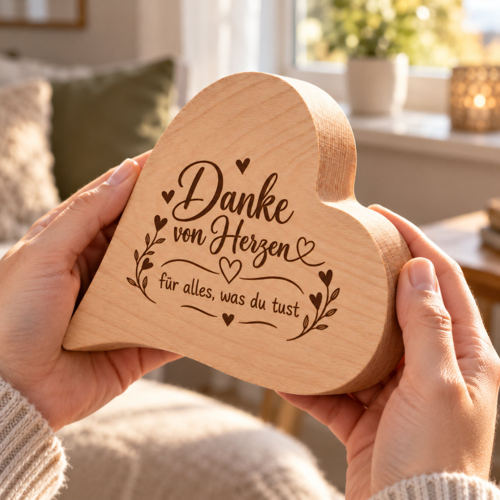 Geschenk um Danke zu sagen ein Holzherz mit Gravur
