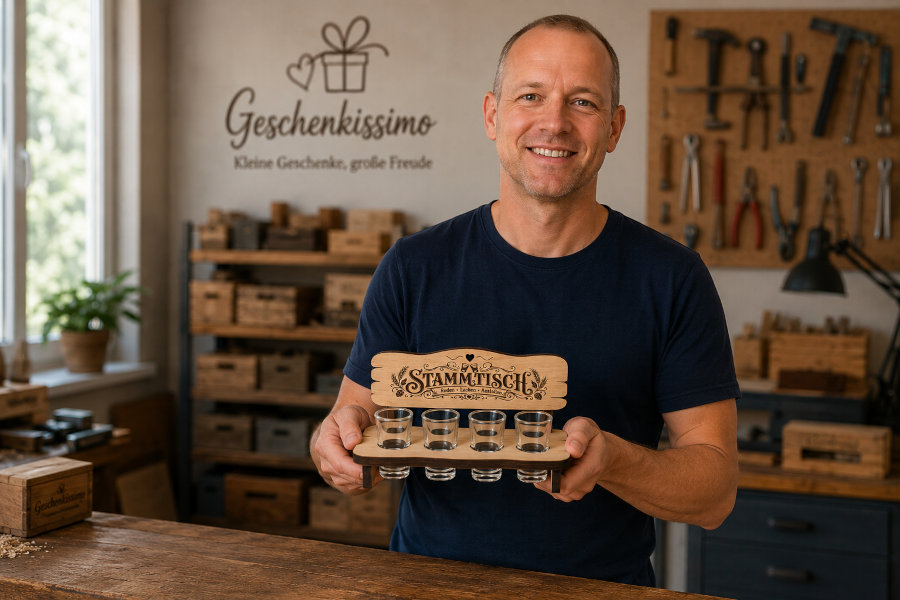 Michael von Geschenkissimo zeigt Stammtisch Schnapsbank Geschenkissimo Stammtisch Schnapsbank
