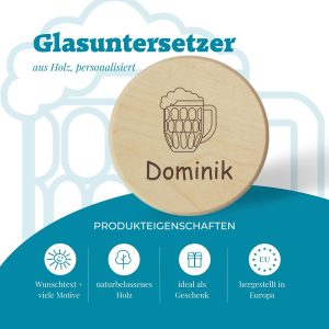 Glasuntersetzer rund Holz mit Gravur und Motiv
