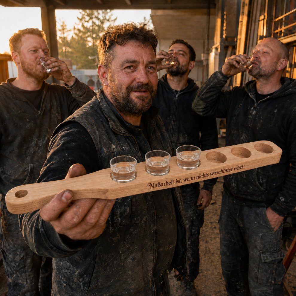 Handwerker trinken aus der Shotlatte nach Feierabend auf dem Bau Handwerker Shotlatte Bau