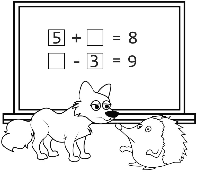 Malvorlage Igel und Hund machen Mathe