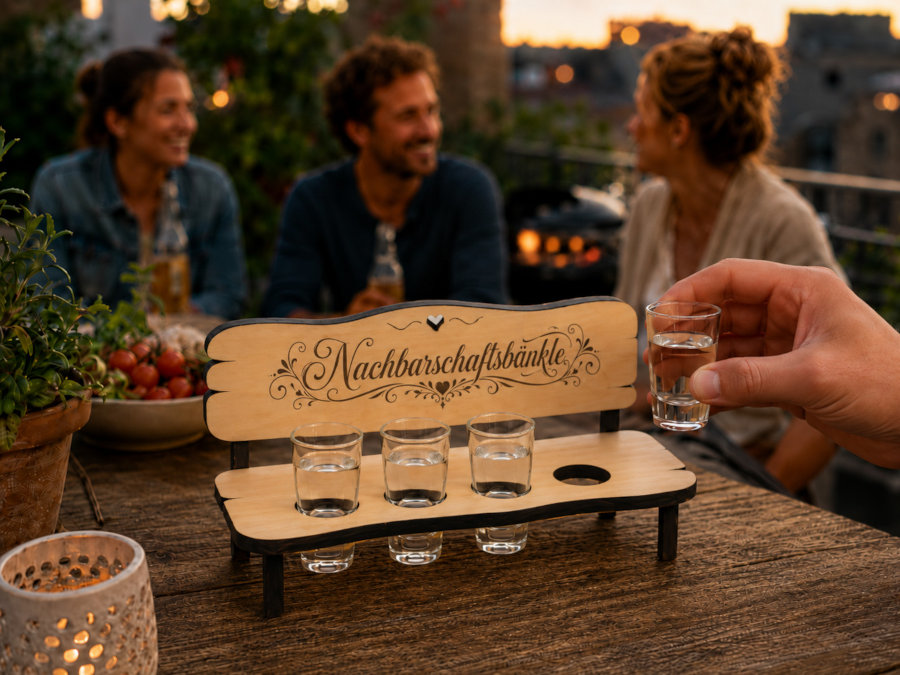 Nachbarschaftsgeschenk - Schnapsbank auf Balkontisch Nachbarschaftsgeschenk - Schnapsbank auf Balkontisch