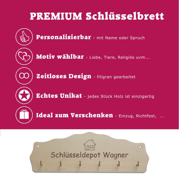 Premium Schlüsselbrett aus Holz mit Gravur