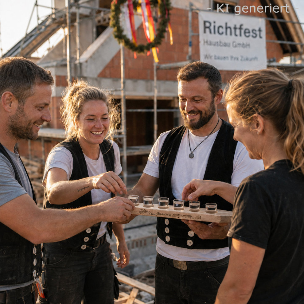 Handwerker stoßen mit dem Hausbau Geschenk zum Richtfest an Richtfest anstossen