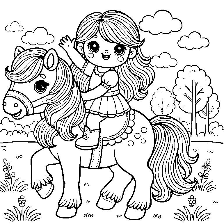 Ausmalbild Pony mit Reiterin