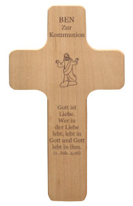 Christliche Geschenke zur Kommunion - Holzkreuz mit Name, Jesus und Bibelzitat