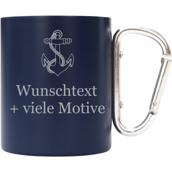 Edelstahlbecher mit Karabiner blau