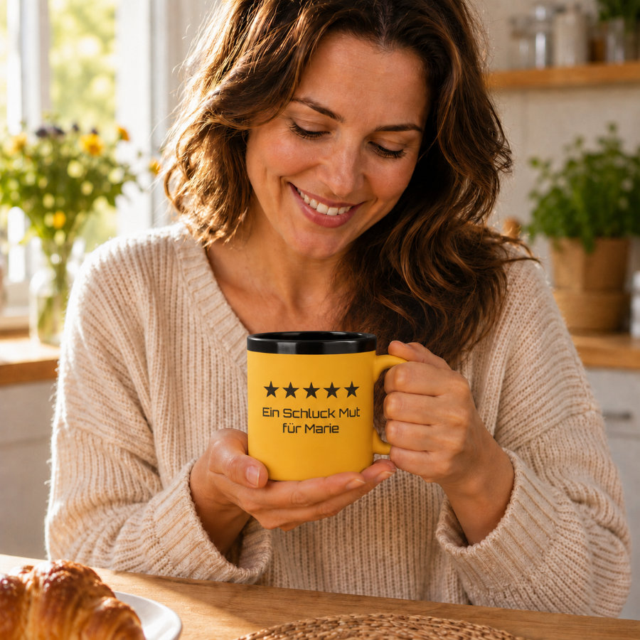 Keramiktasse personalisiert mit Name und Spruch – gelb, 300 ml