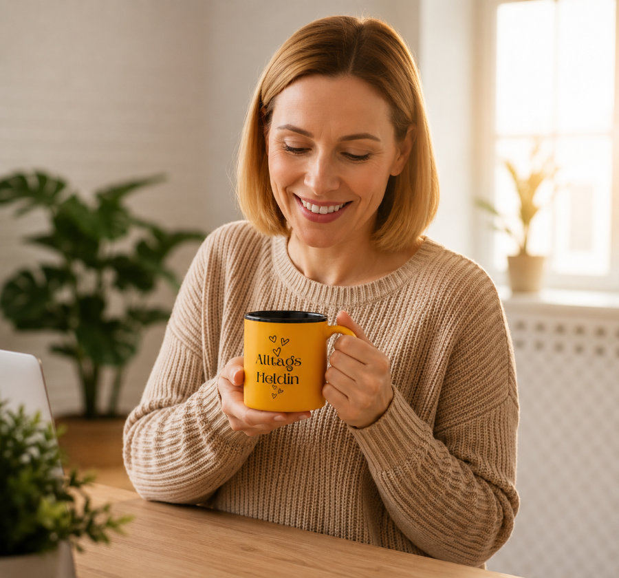 gelbe Tasse mit Spruch Alltagsheldin