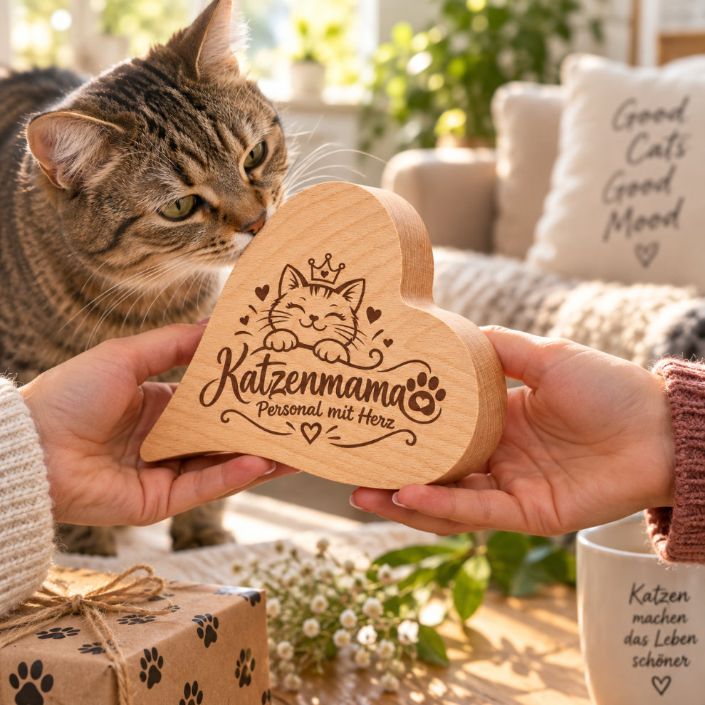 Geschenk für Katzenbesitzer das Holzherz mit Gravur von Geschenkissimo