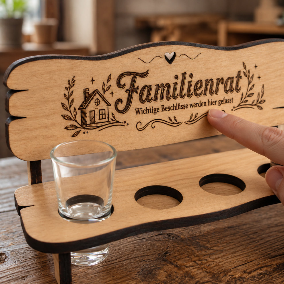 Detailaufnahme der Lasergravur auf dem Holz lustiges Familiengeschenk mit Familienrat Gravur aus Holz