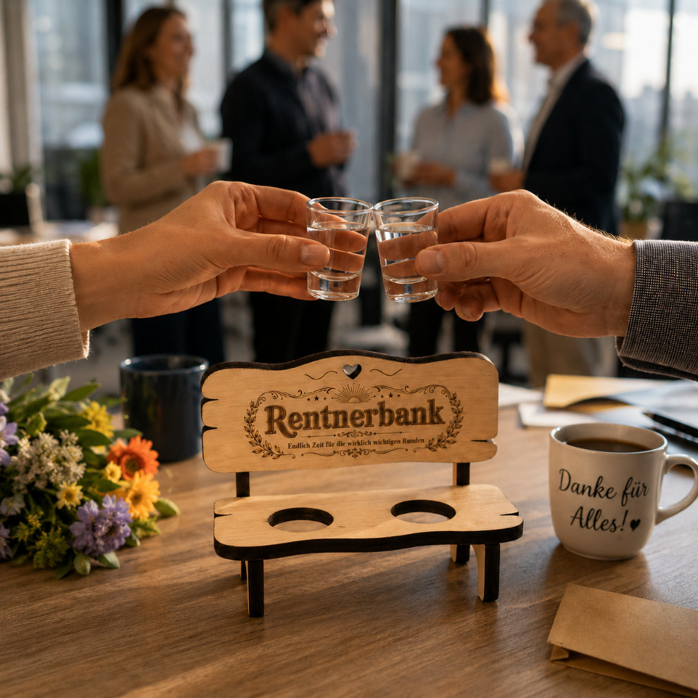 Anstoßen mit Schnaps mit dem Geschenk zur Pansion pansion-geschenk-schnaps