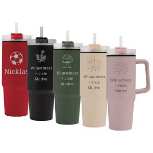 Personalisierter Thermobecher mit Strohhalm, XXL Trinkbecher mit Henkel 900 ml